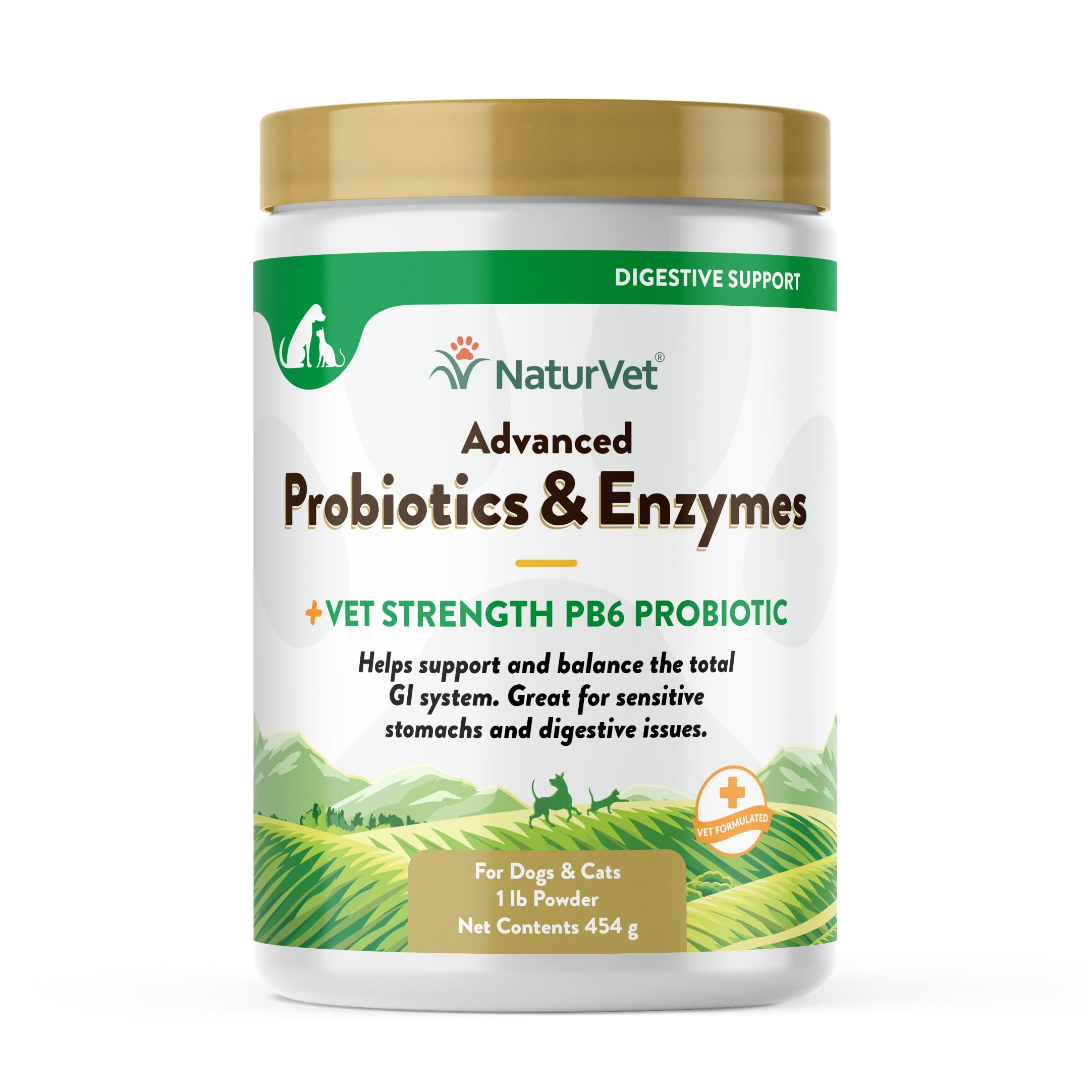 NaturVet pb6 probiótico avanzado en bote, apoyo digestivo suave para mascotas.