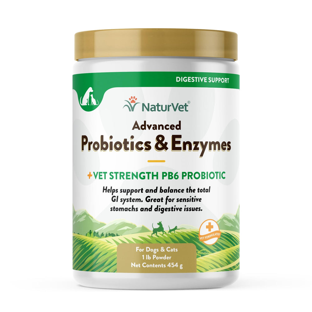 NaturVet pb6 probiótico avanzado en bote, apoyo digestivo suave para mascotas.