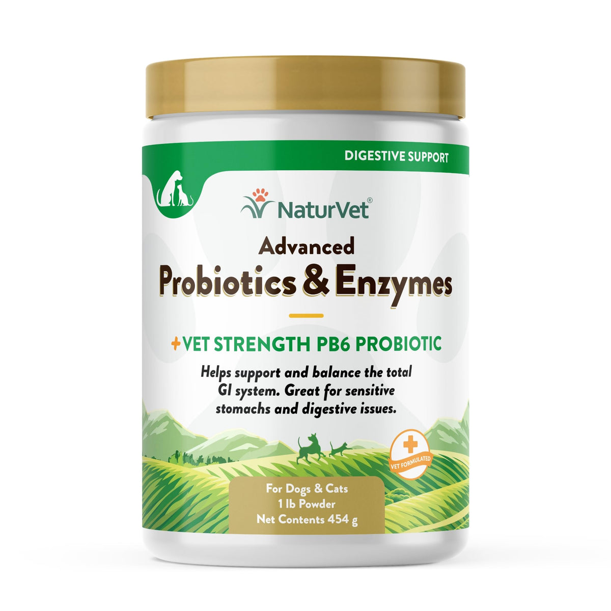 NaturVet pb6 probiótico avanzado en bote, apoyo digestivo suave para mascotas.