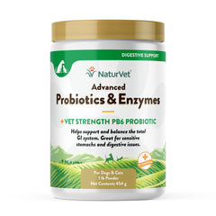 NaturVet pb6 probiótico avanzado en bote, apoyo digestivo suave para mascotas.