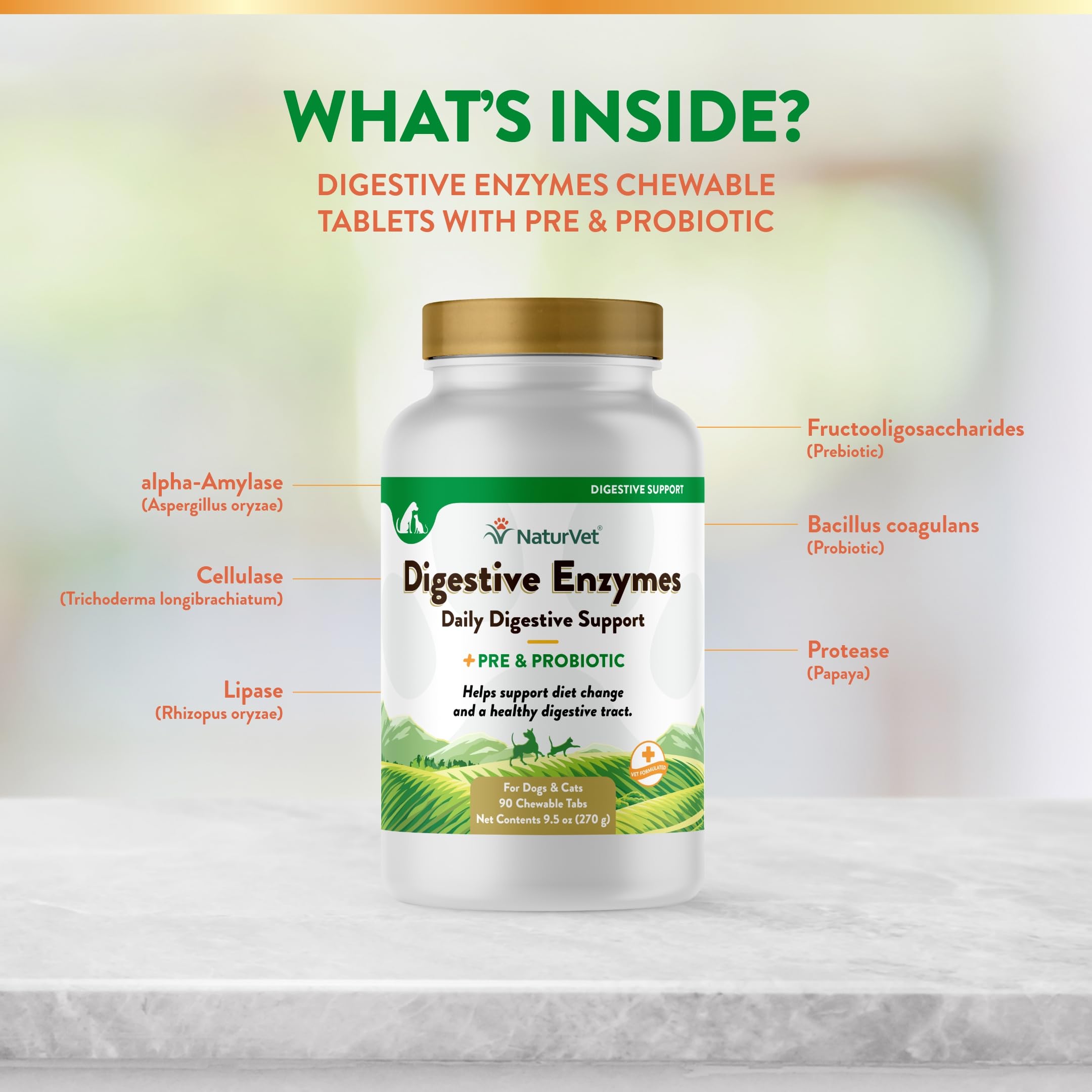 Ingredientes globales de NaturVet, alto estándar para la salud digestiva de la mascota.