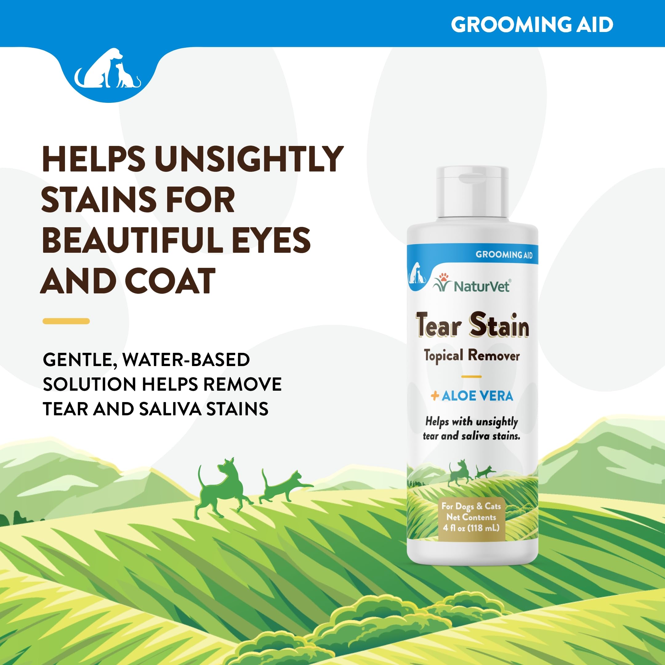 Fórmula a base de agua con aloe para manchas de lágrimas de mascotas.