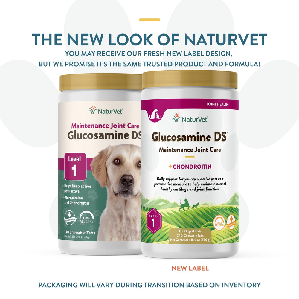 NaturVet Glucosamina DS Nivel 1, bote con tabletas, fácil de dosificar para perros y gatos.