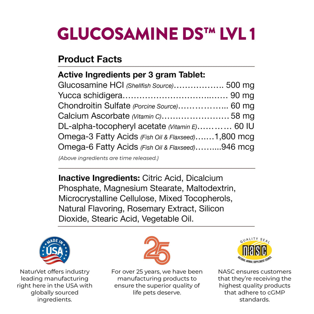 NaturVet Glucosamina DS Nivel 1, cuidado de mascotas, suplemento para movilidad diaria.