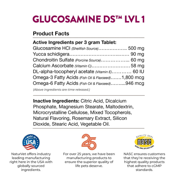 NaturVet Glucosamina DS Nivel 1, cuidado de mascotas, suplemento para movilidad diaria.