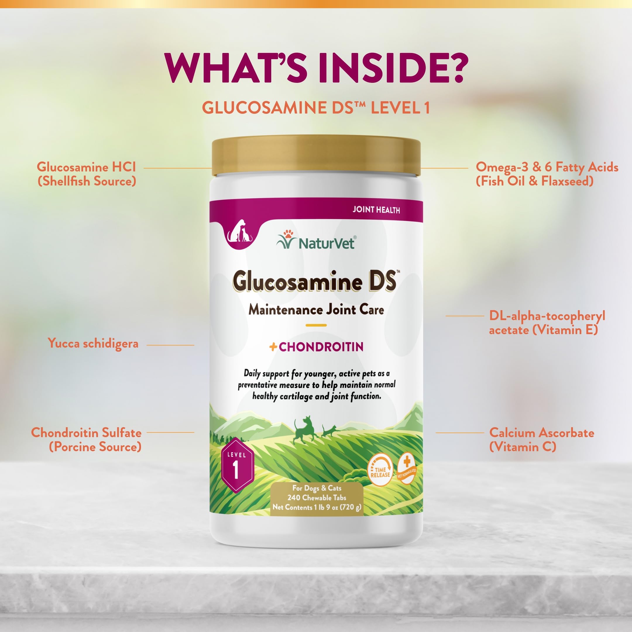NaturVet Glucosamina DS Nivel 1, tabletas articulares para mascotas, apoyo a cartílago saludable.