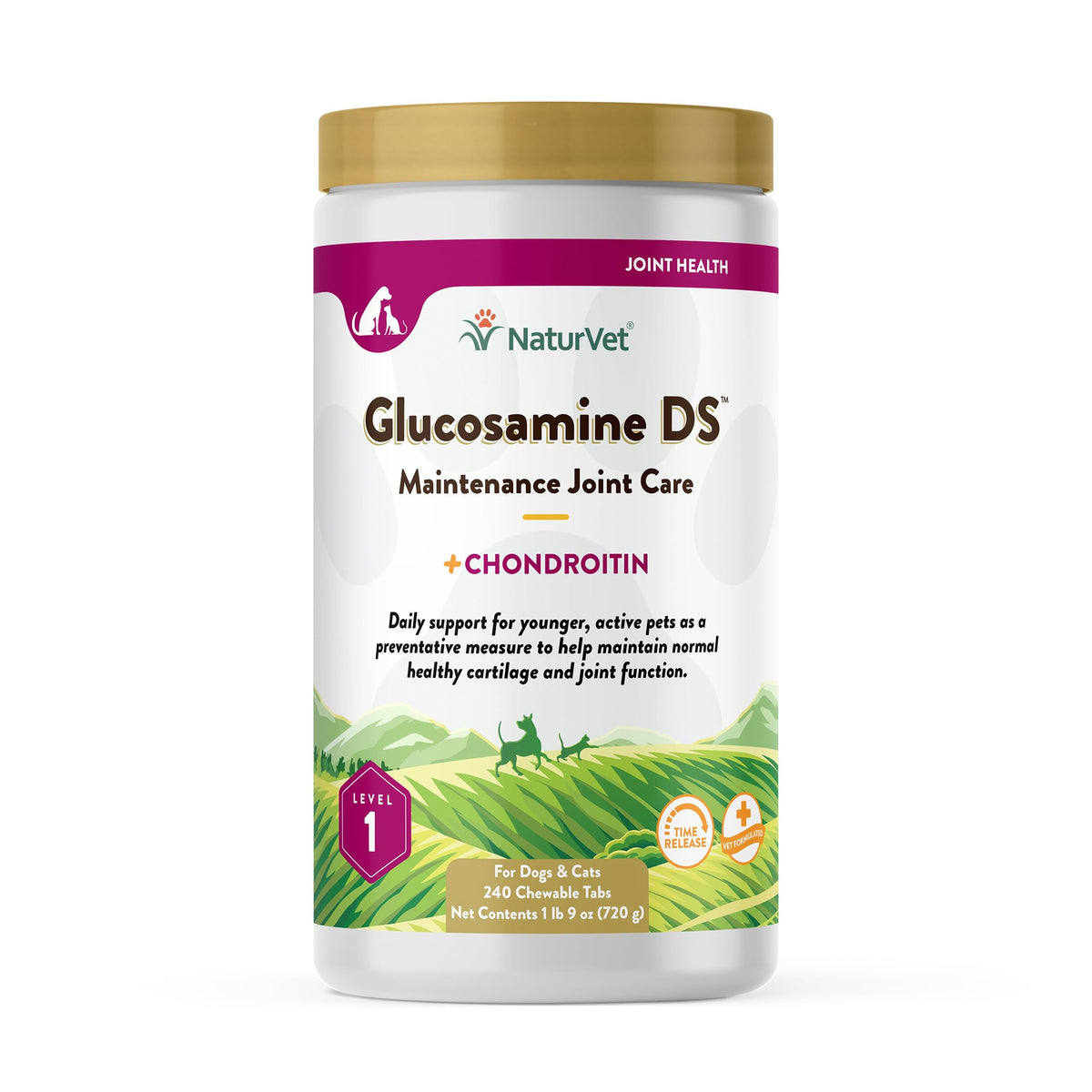 NaturVet Glucosamina DS Nivel 1 tabletas masticables para apoyo articular de perros y gatos.