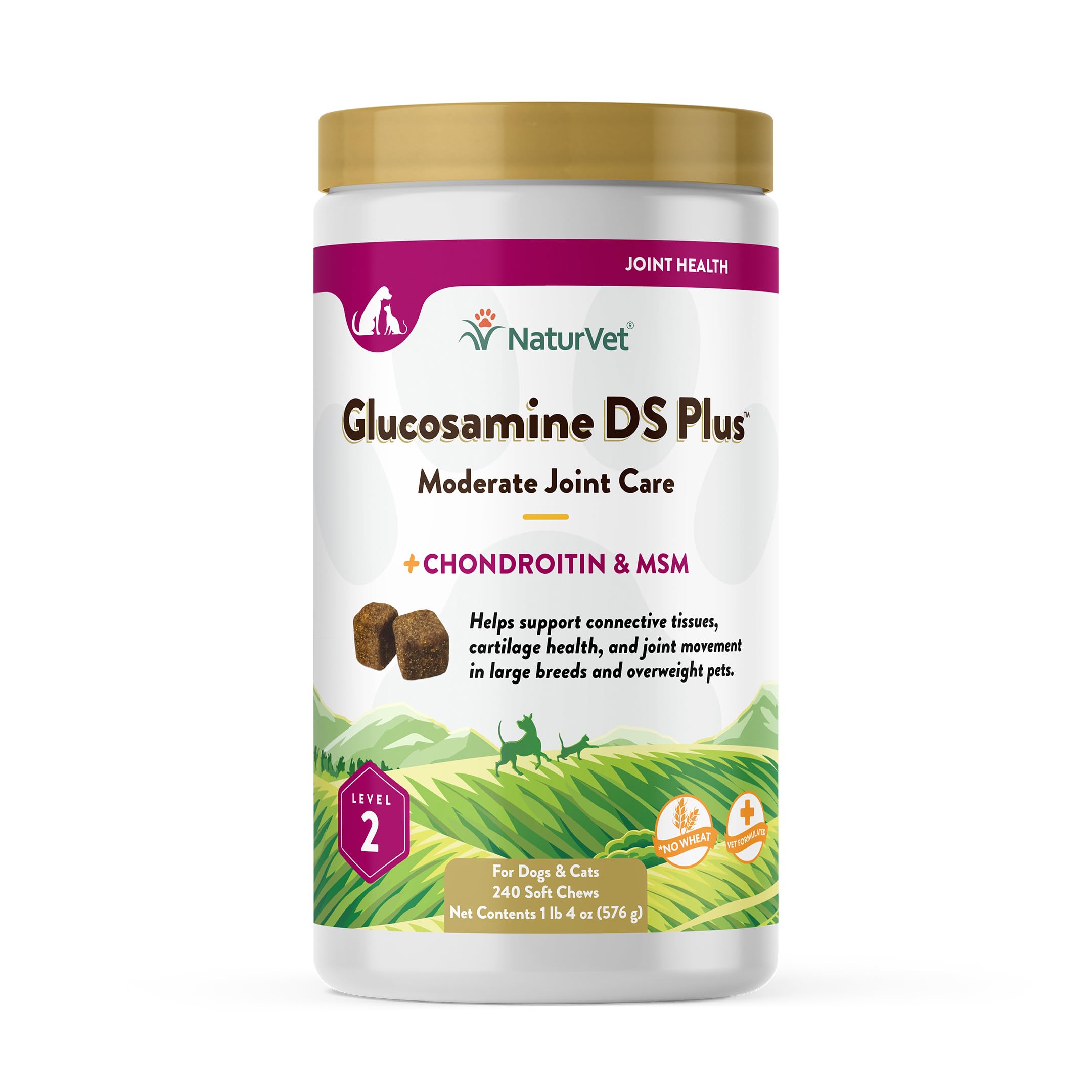 NaturVet Glucosamina DS Plus: bote de masticables suaves para movilidad diaria.