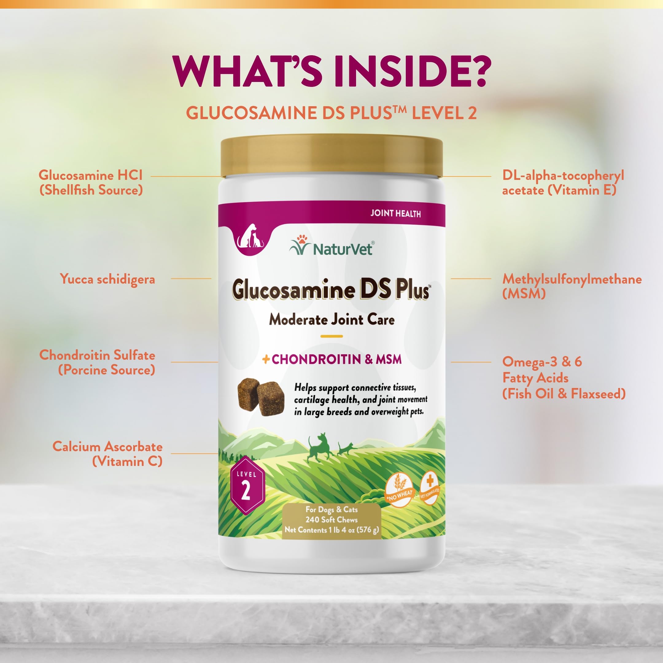 NaturVet Glucosamina DS Plus: ingredientes clave glucosamina, MSM y condroitina.