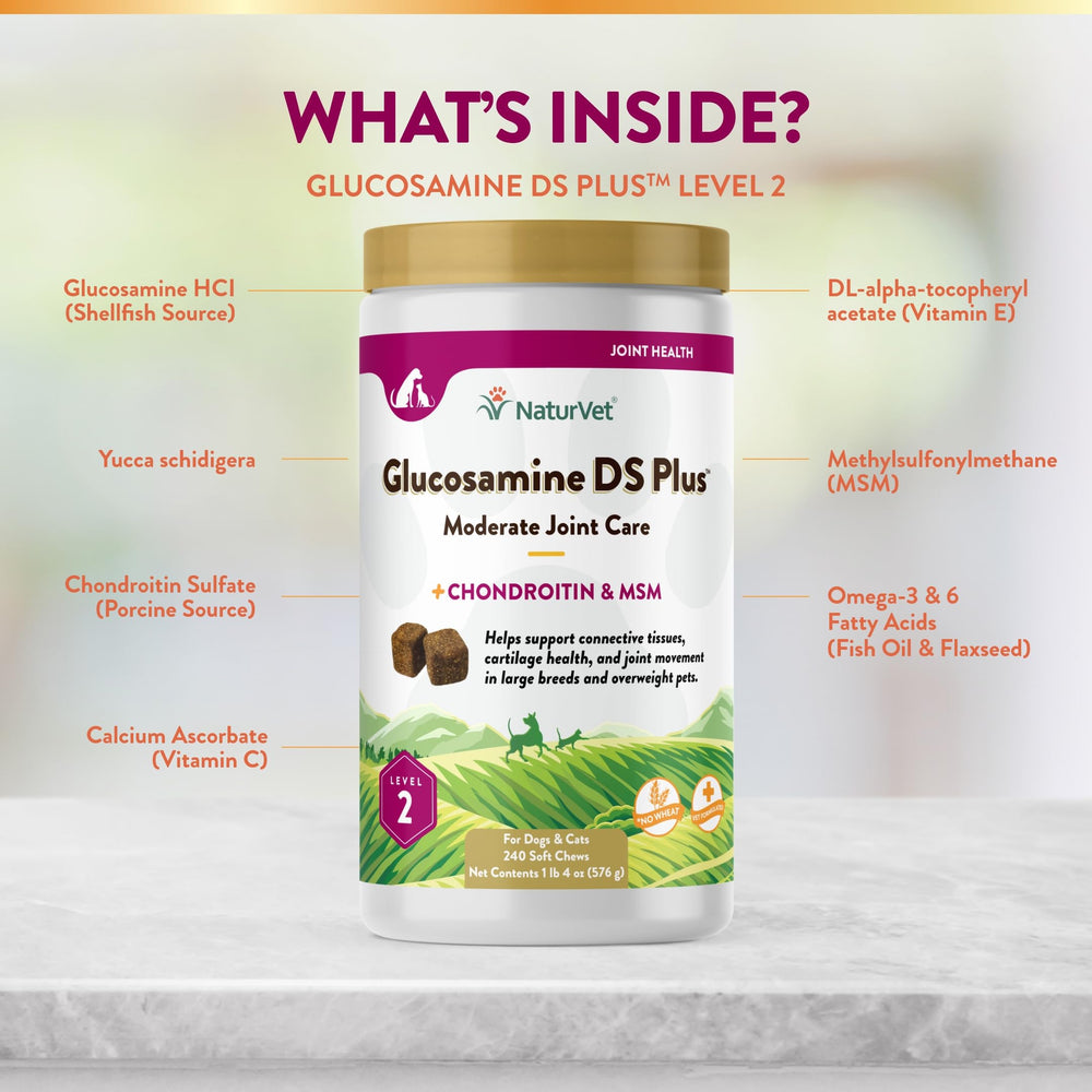 NaturVet Glucosamina DS Plus: ingredientes clave glucosamina, MSM y condroitina.