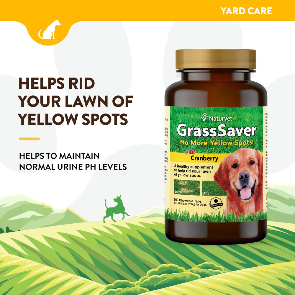 NaturVet GrassSaver: etiqueta de la botella que destaca fabricación en EE. UU. y cumplimiento cGMP.