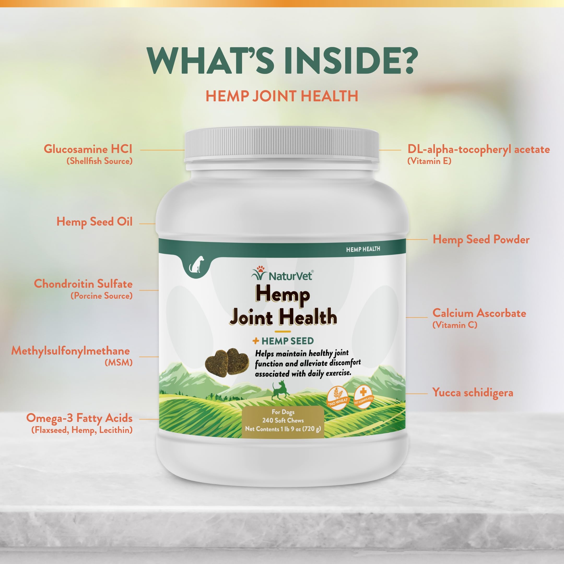 MSM y condroitina en NaturVet Hemp Joint Health para articulaciones