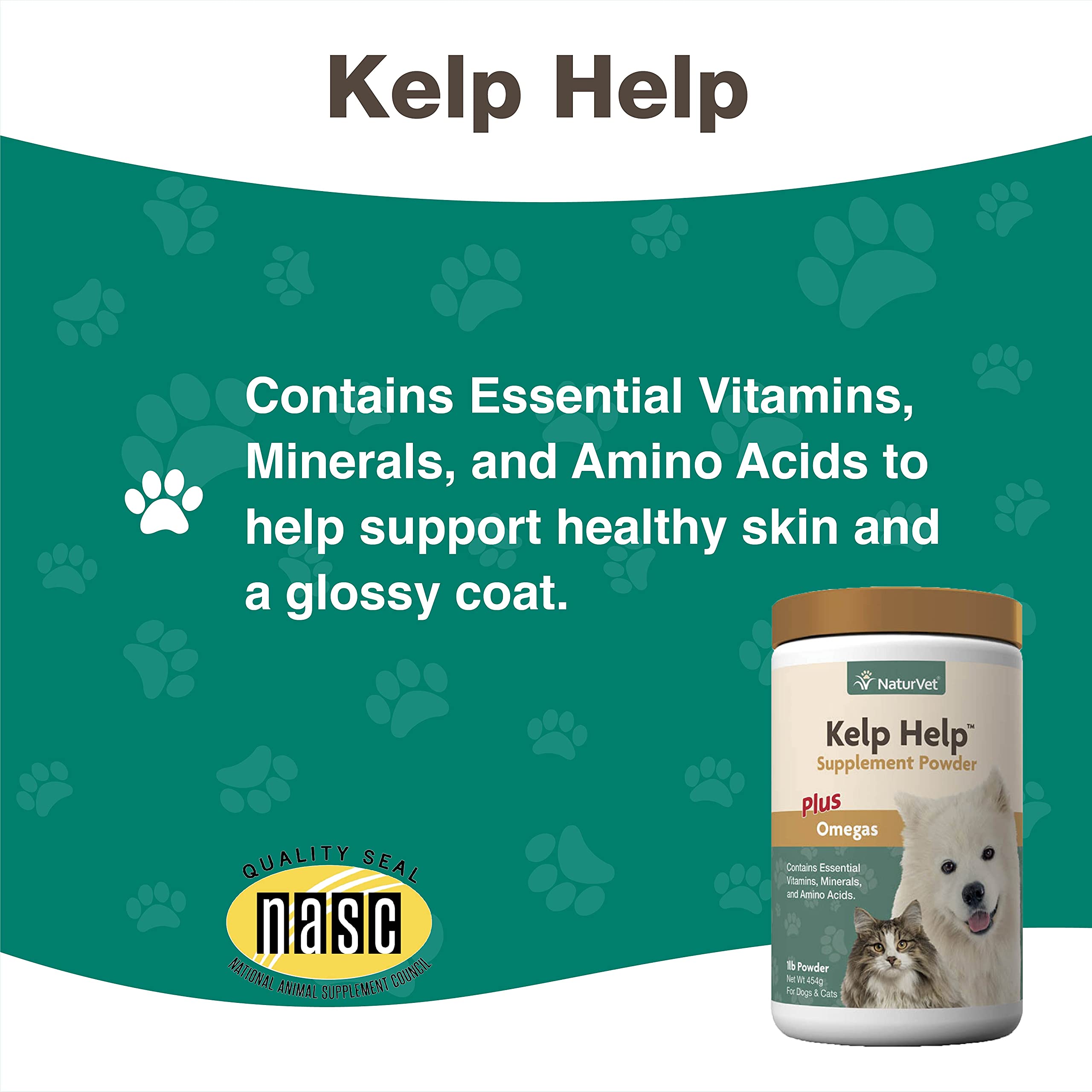 NaturVet Kelp Help Plus Omegas, hecho en Estados Unidos con ingredientes globales.
