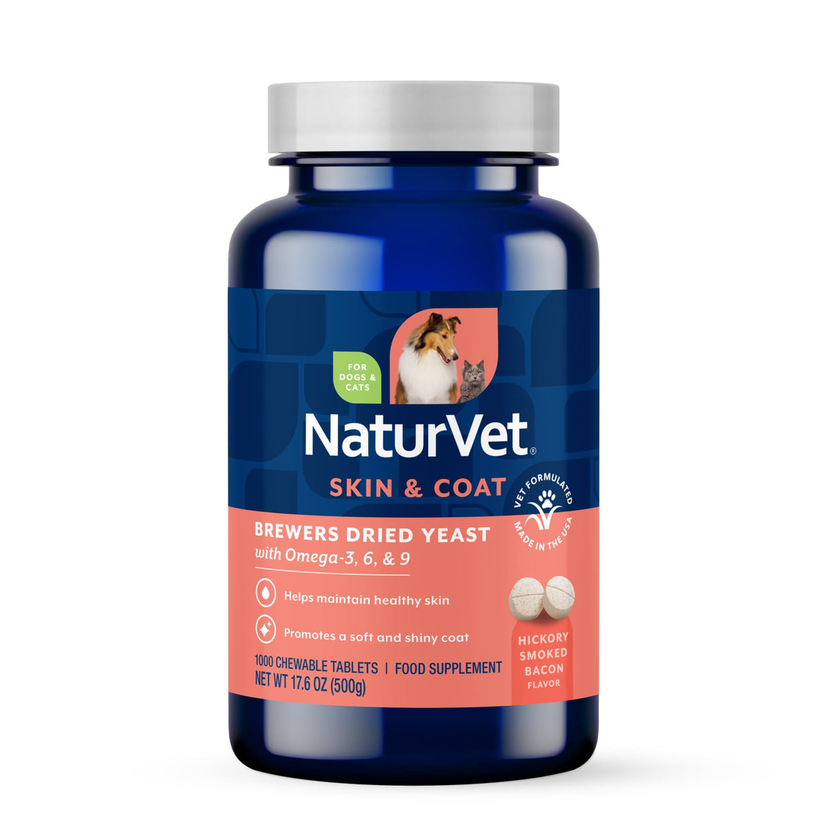 NaturVet levadura cervecera con ajo y omegas, tabletas para perros y gatos.