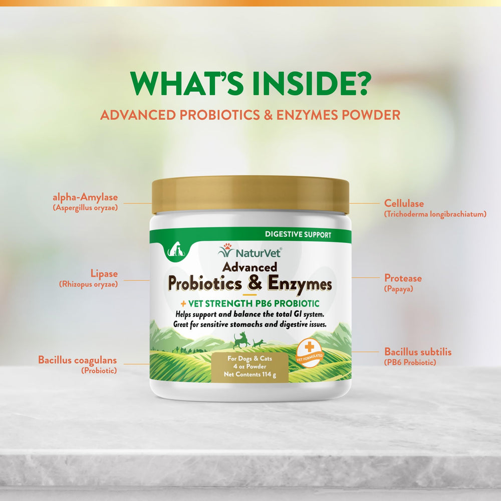 NaturVet mezcla probioticos-prebioticos-enzimas, soporte intestinal durante cambios de dieta.