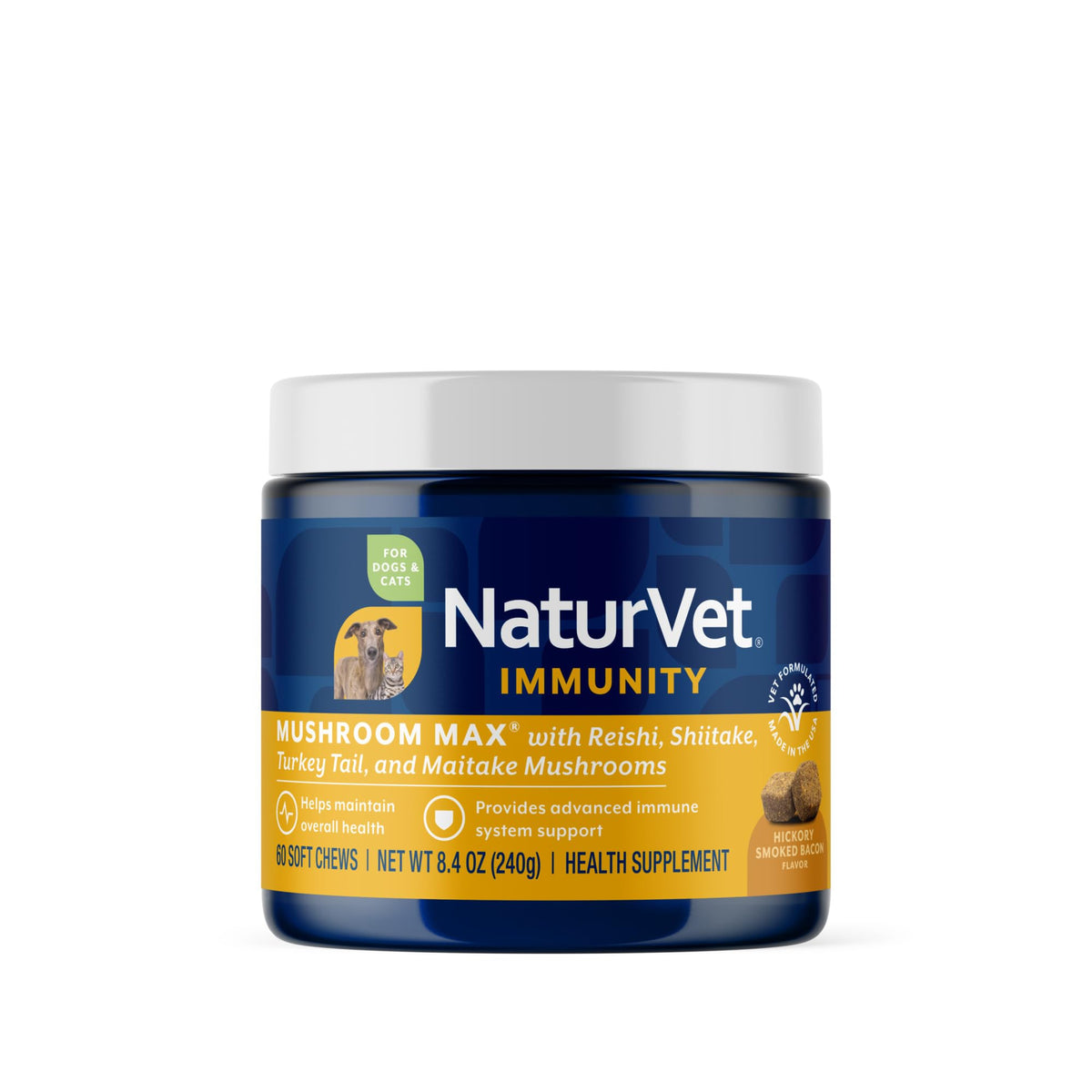 NaturVet Mushroom Max, suplemento inmunidad para perros, 60 cápsulas, apoyo diario.