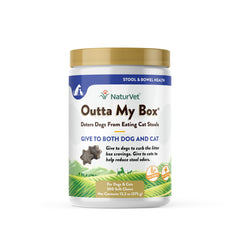 NaturVet Outta My Box: envase de gomitas suaves para perros y gatos, ayuda a una convivencia más tranquila.