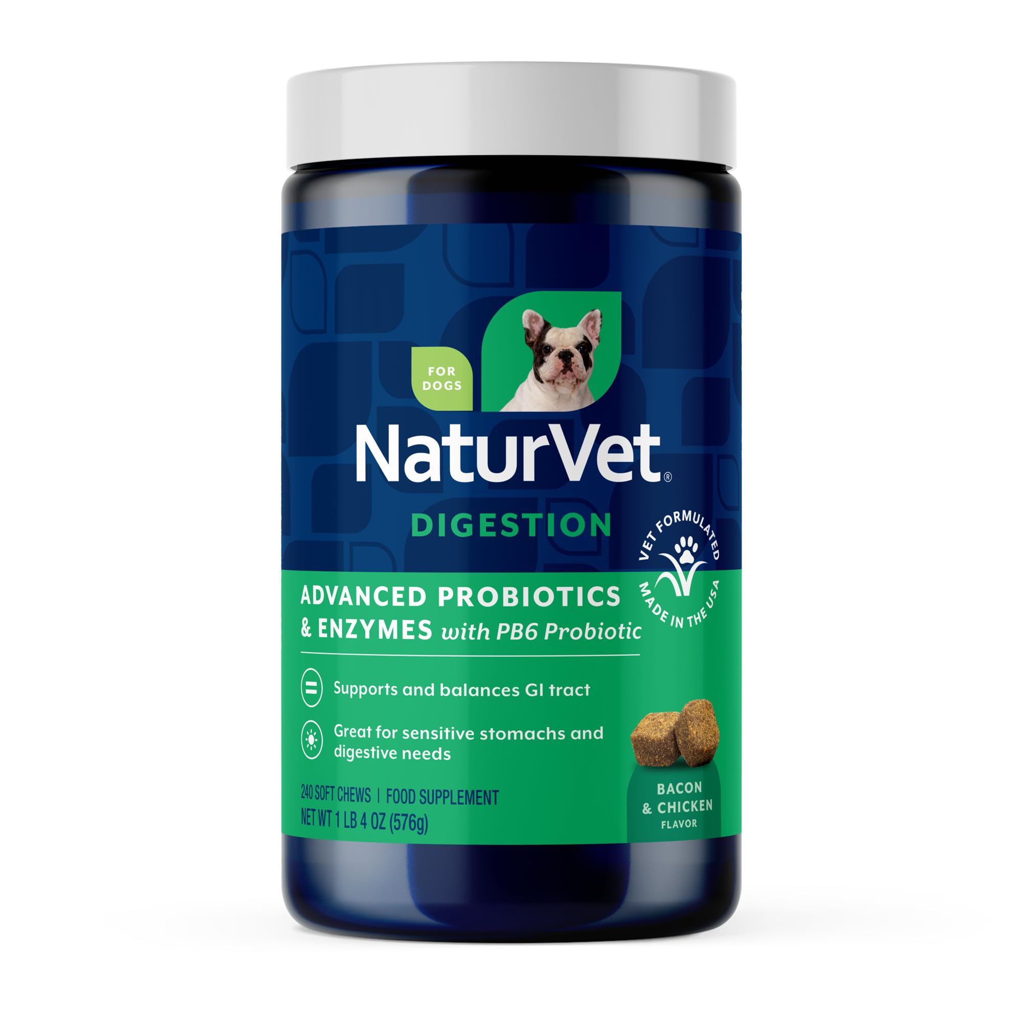 NaturVet Probioticos-enzimas para perro: dulces masticables que apoyan la digestión diaria.