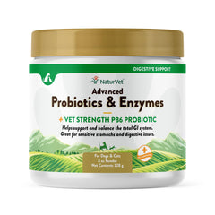 NaturVet probióticos y enzimas en polvo en caja, apoyo para la digestión diaria.