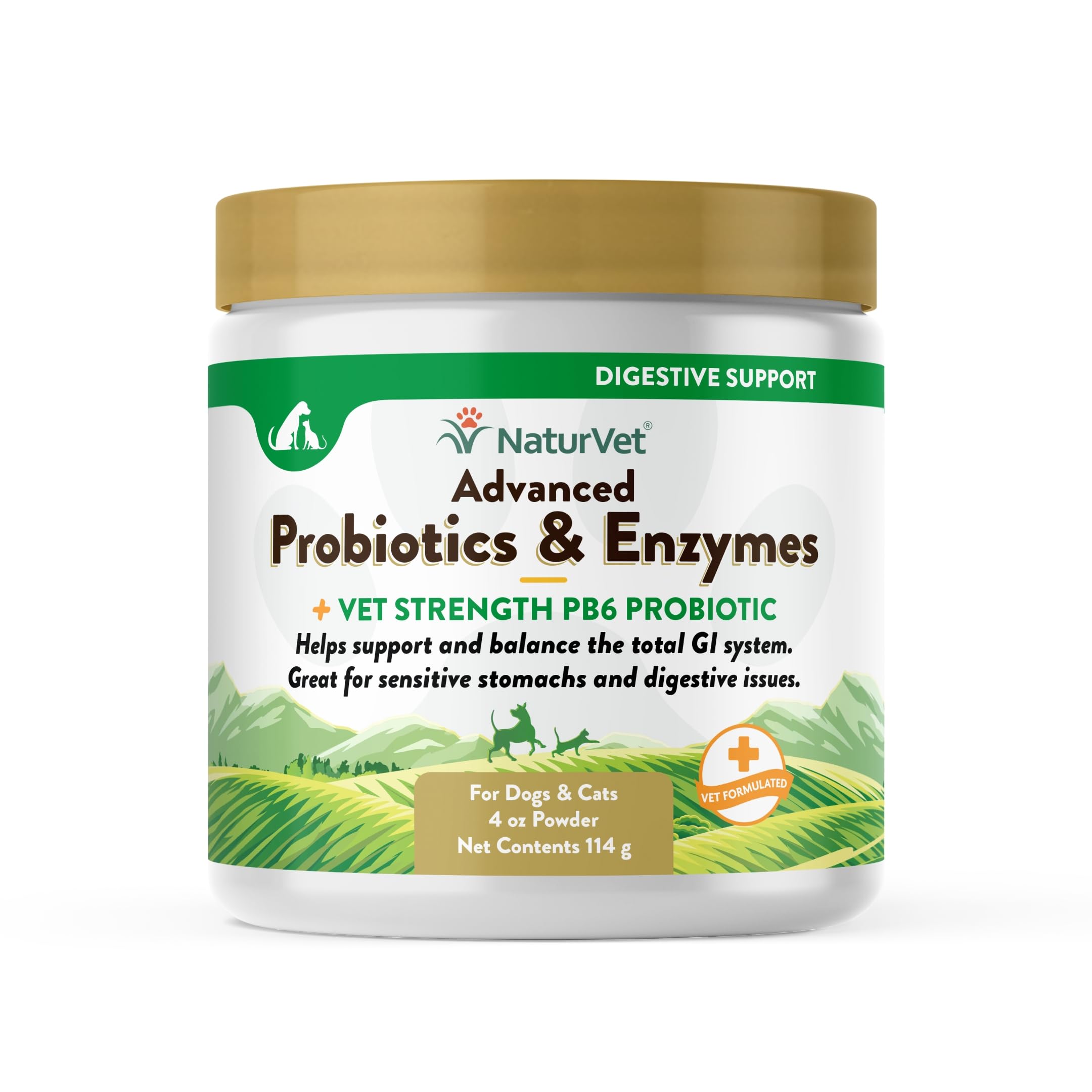 NaturVet probioticos-enzimas polvo para perros y gatos, apoyo digestivo suave.