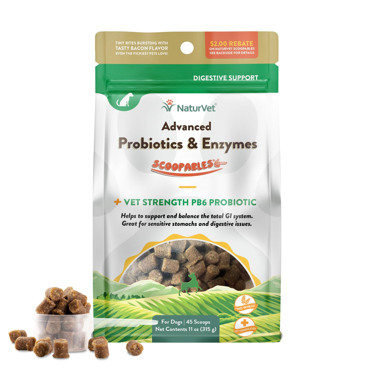 NaturVet Scoopables empaque frontal para facilitar la toma diaria de probióticos caninos