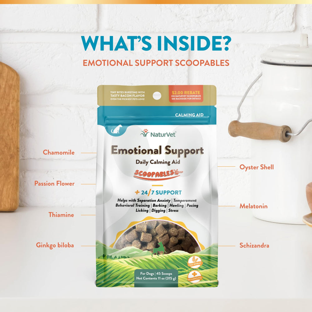 NaturVet Scoopables ingredientes botánicos clave para equilibrio emocional.