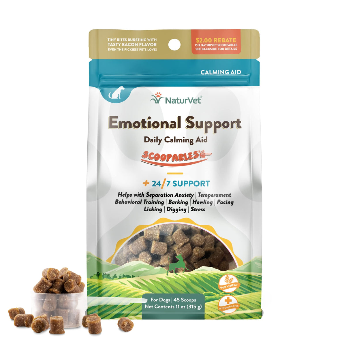 NaturVet Scoopables soporte emocional para perros en bolsa de 11 oz para uso diario.