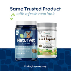 NaturVet Senior Advanced 5-en-1: etiqueta frontal que resalta beneficios clave para perros.