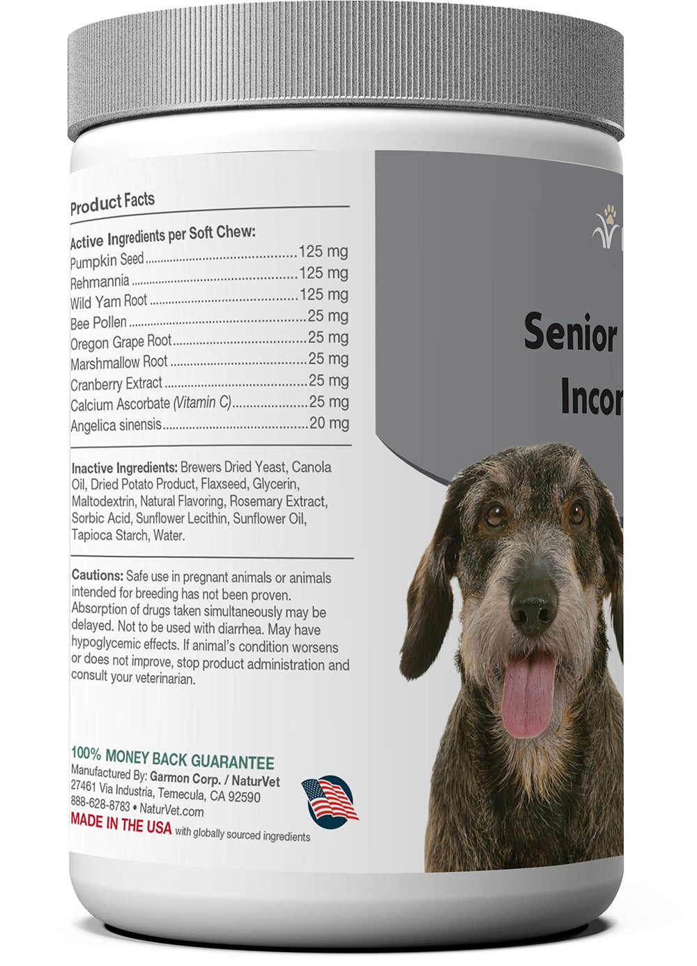 NaturVet Senior, etiqueta; enfoque botánicos para soporte urinario.
