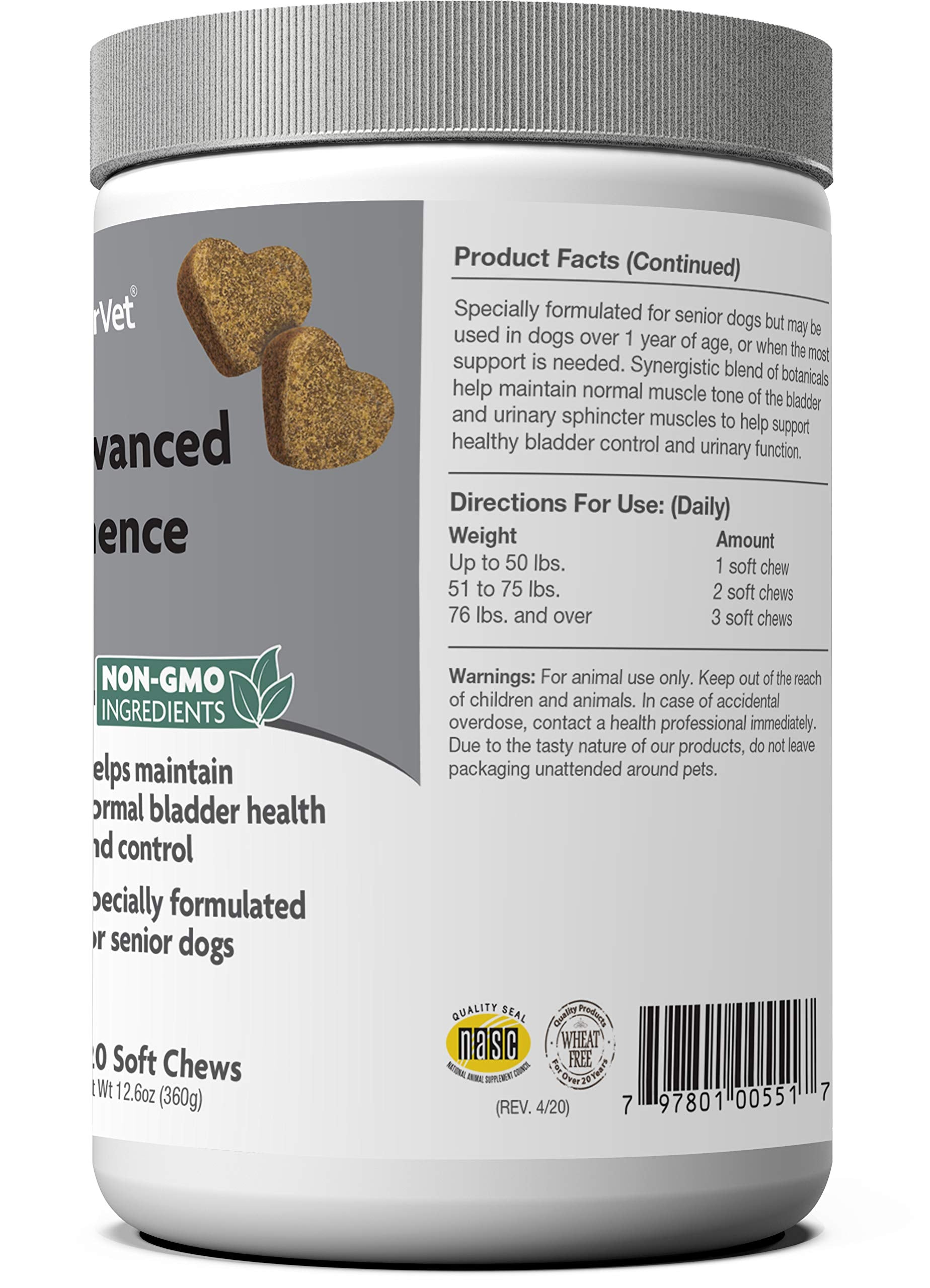 NaturVet Senior, gomitas masticables; útil para apoyo diario del control urinario.