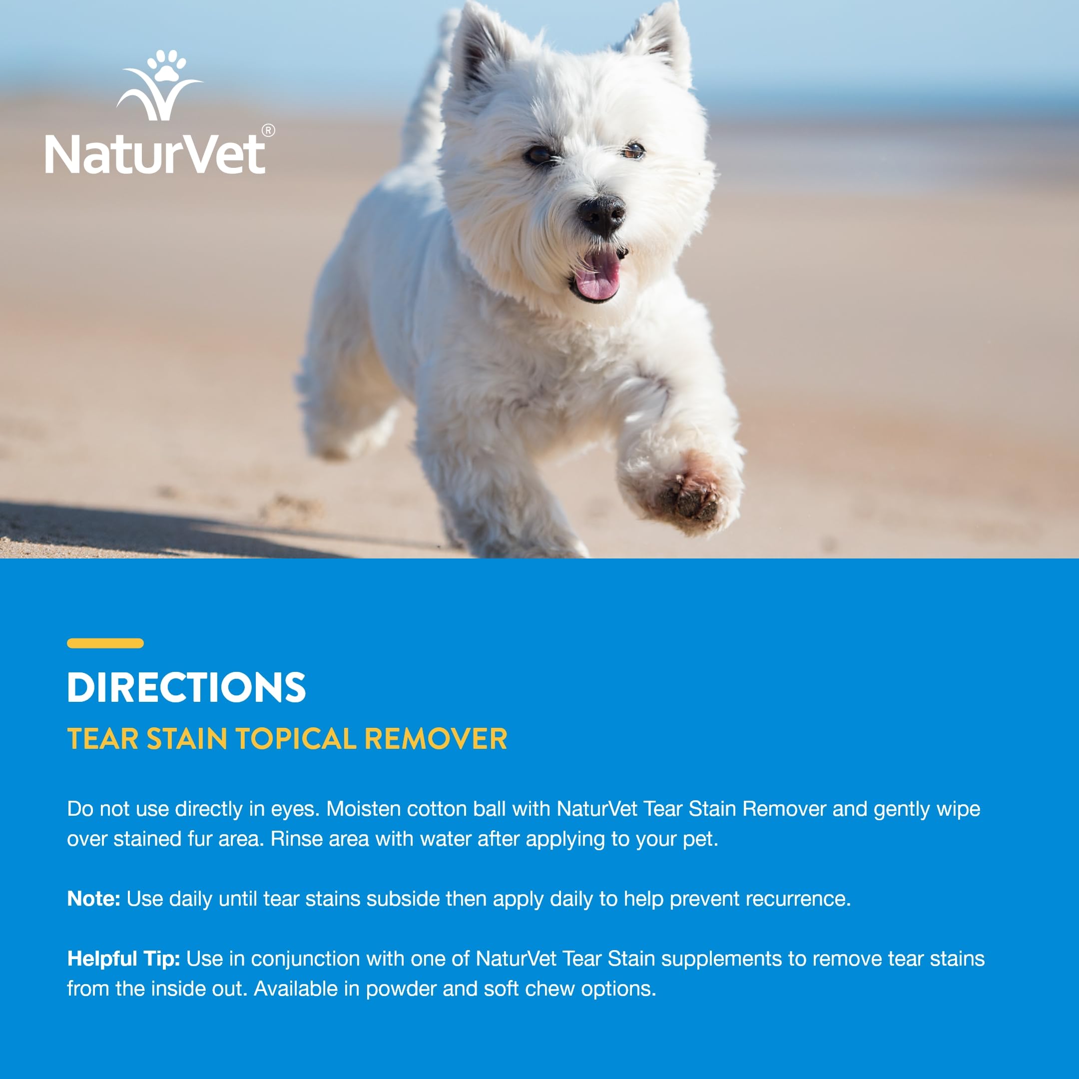 Solución suave para manchas alrededor de hocico y ojos de mascotas NaturVet.