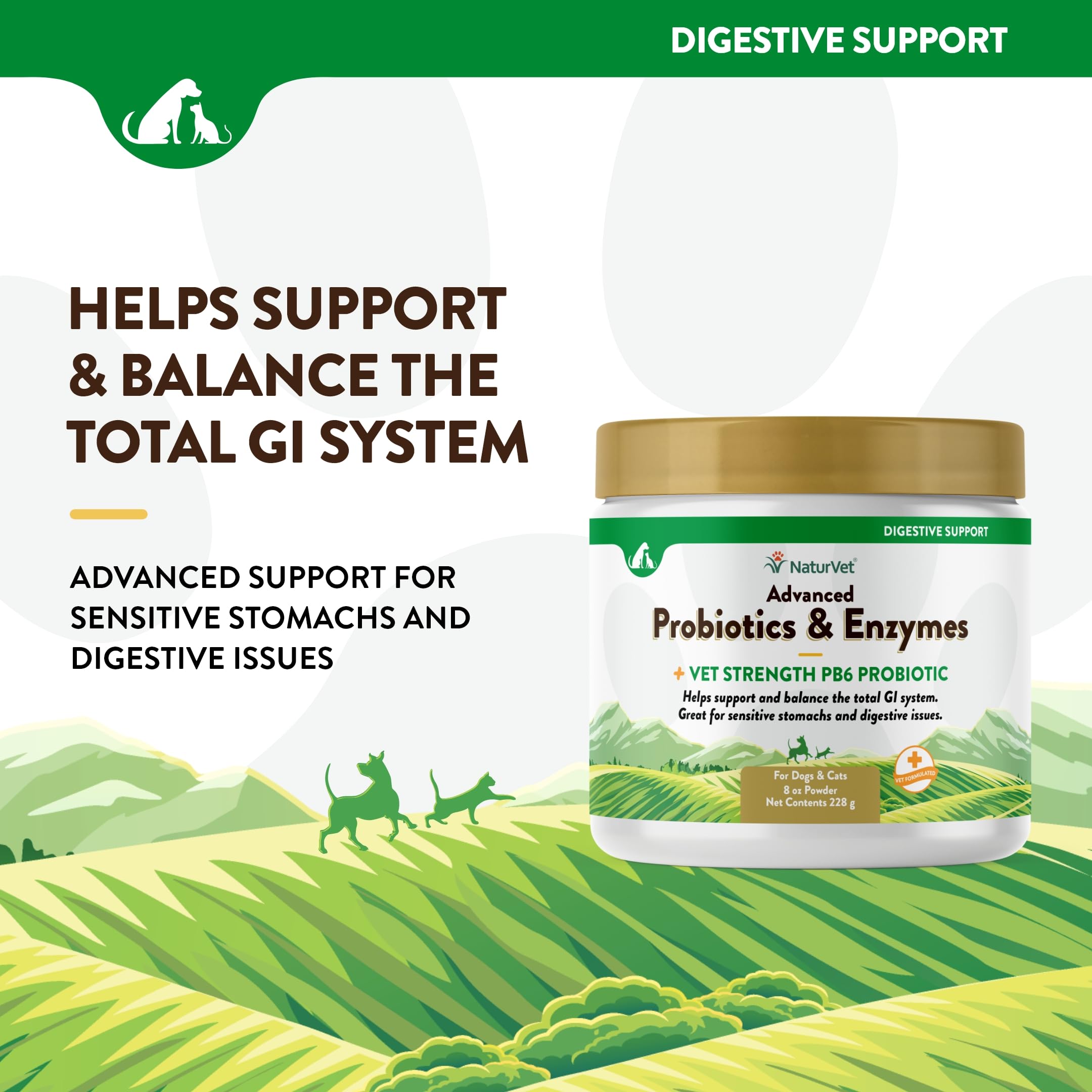 NaturVet PB6 probiótico, tecnología visible, ayuda a balance intestinal en mascotas.