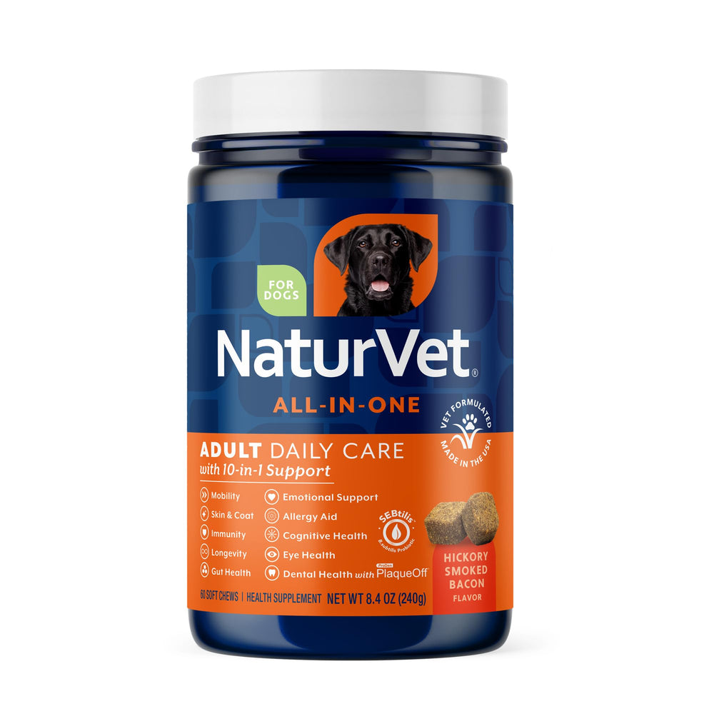 NaturVet todo-en-uno para perros, frasco de 60, apoya movilidad diaria.