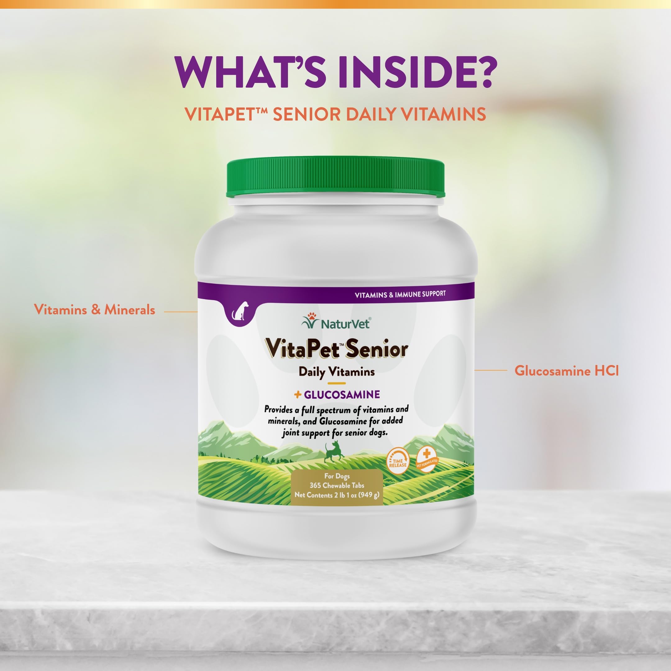 NaturVet VitaPet Senior frasco de 60 tabletas.