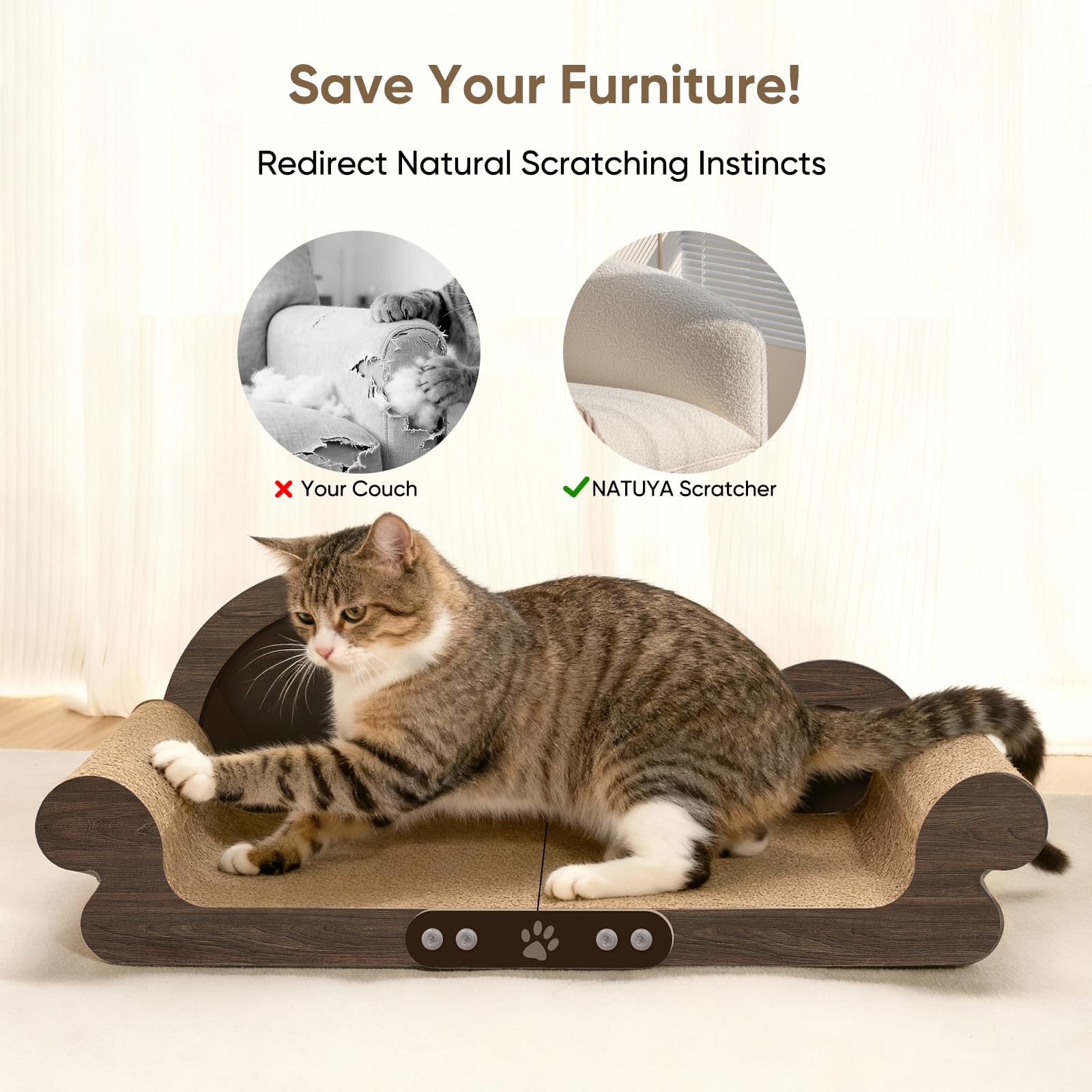 NATUYA Cama Rascador Gatos: materiales seguros y olor neutro para interiores.