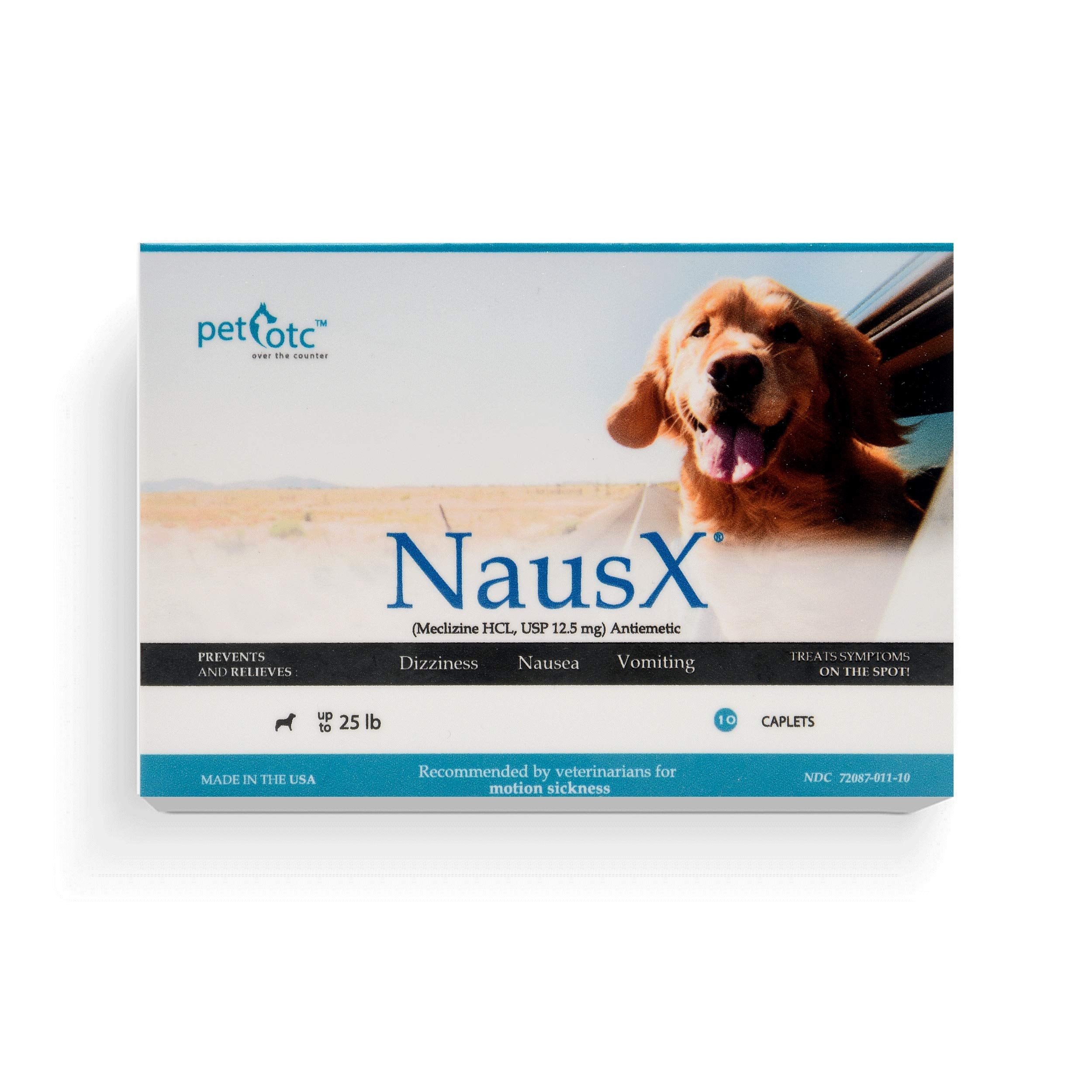 NausX: caja de tabletas anti-náusea para perros pequeños, útil en viajes.