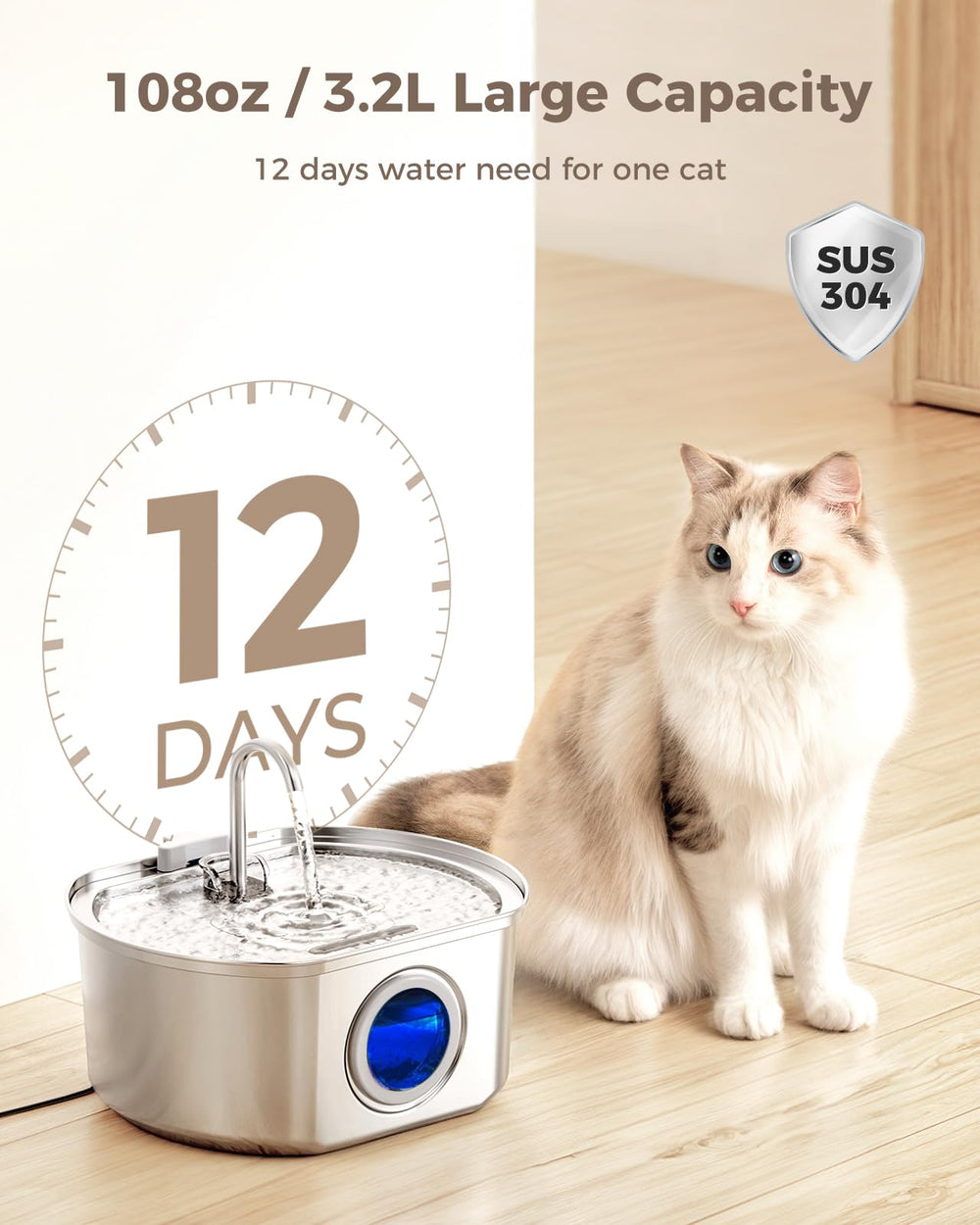 Neareal bebedero gatos en acero inoxidable 304, fácil de limpiar y duradera