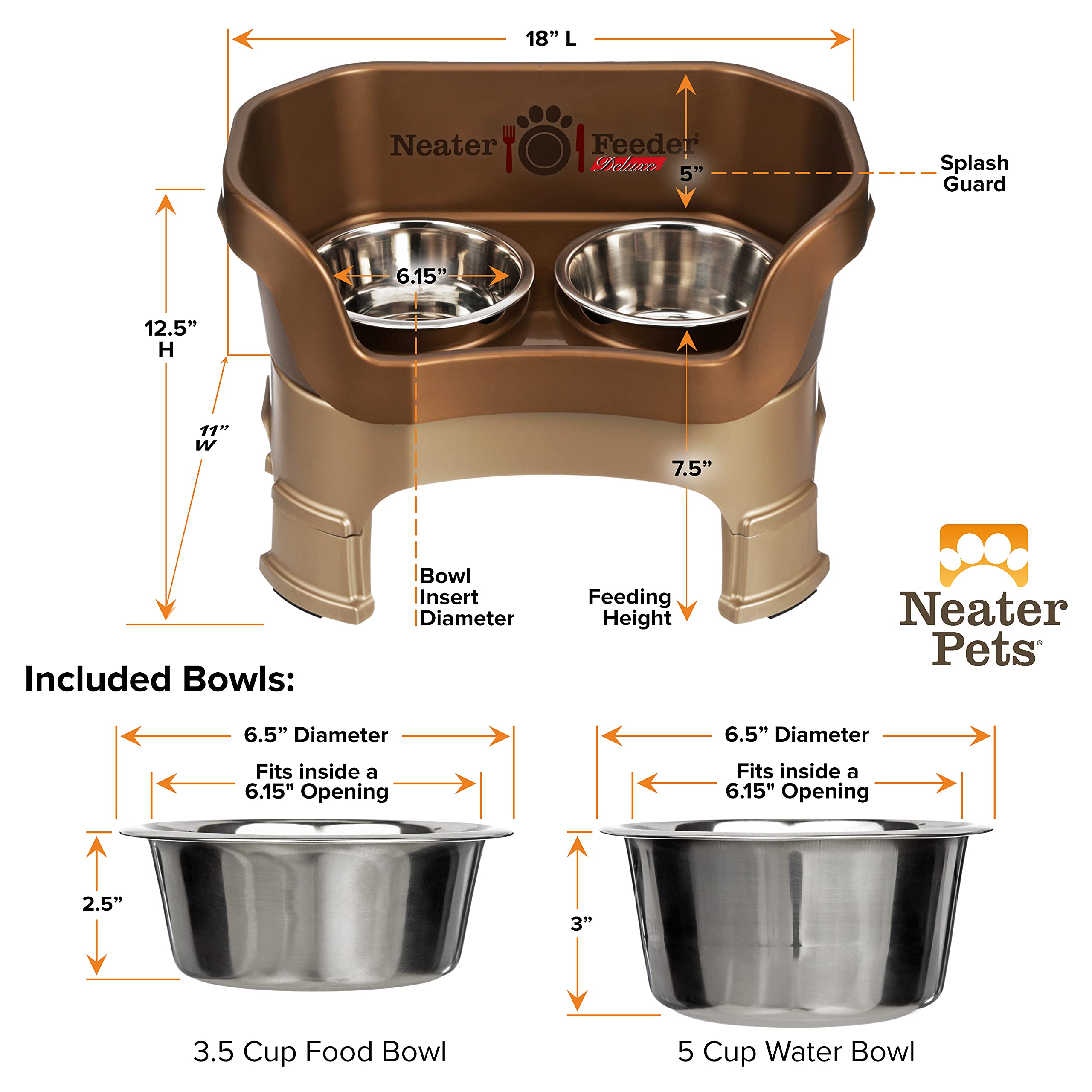 Neater Feeder Deluxe, acabado bronce, estilo elegante para cocina.