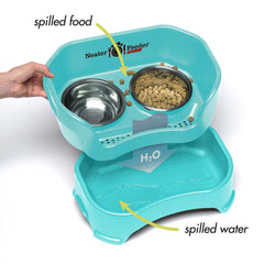 Neater Feeder Deluxe: drenaje de agua hacia el basín inferior, área de comida seca.