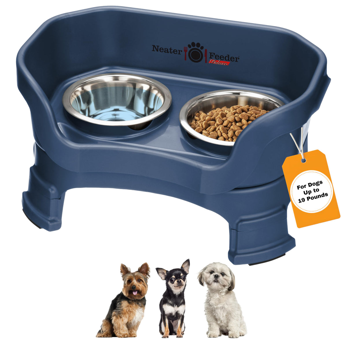 Neater Feeder Deluxe, vista frontal, evita derrames y mantiene limpio el área de comida.