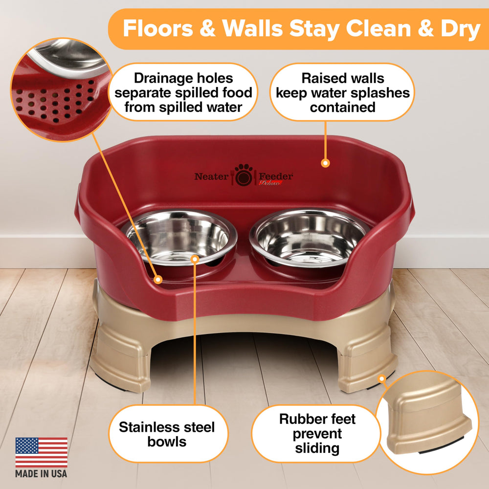 Neater Feeder Deluxe para perros pequeños, altura recomendada para comodidad al comer.
