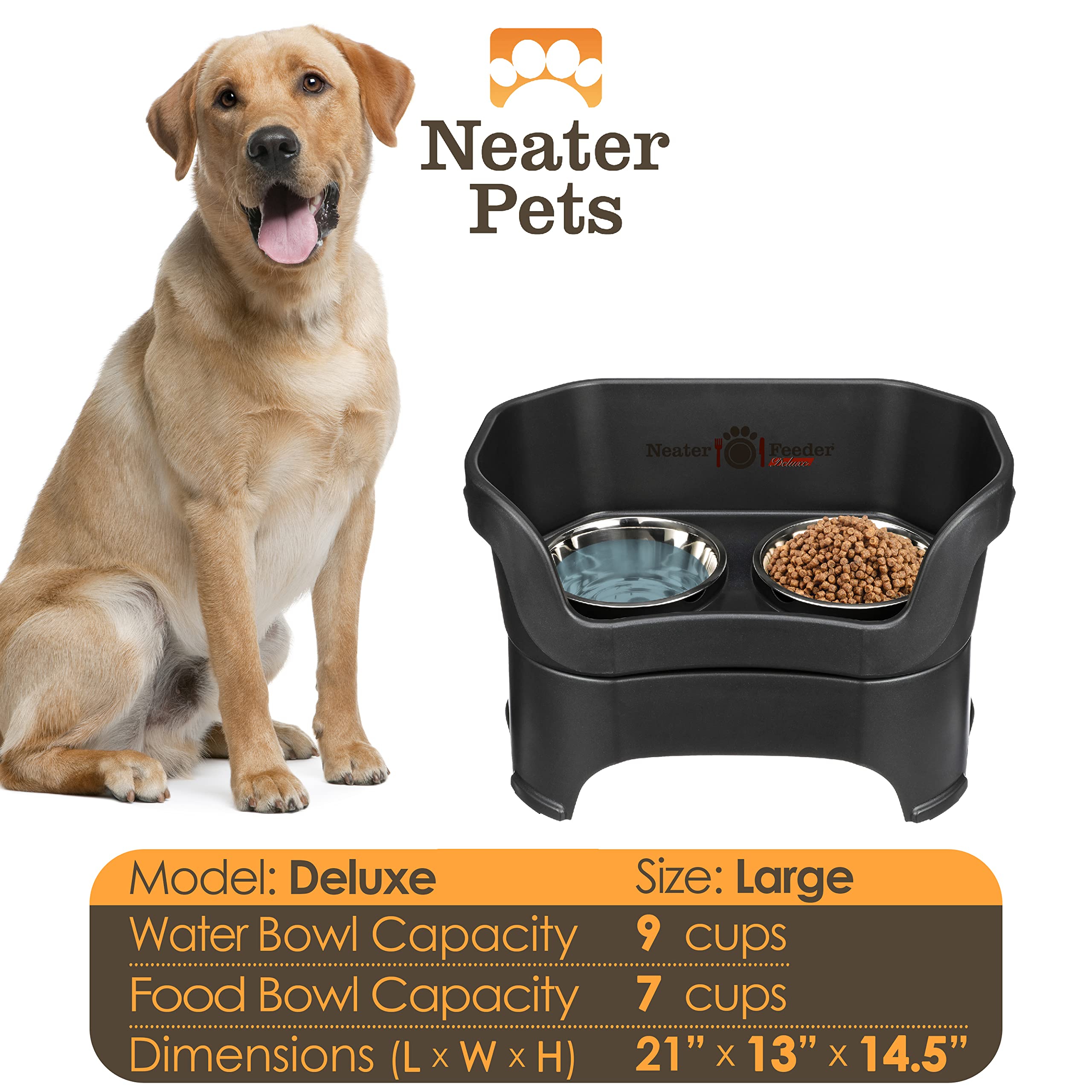 Neater Feeder Deluxe con platos de acero inoxidable aptos para lavavajillas.