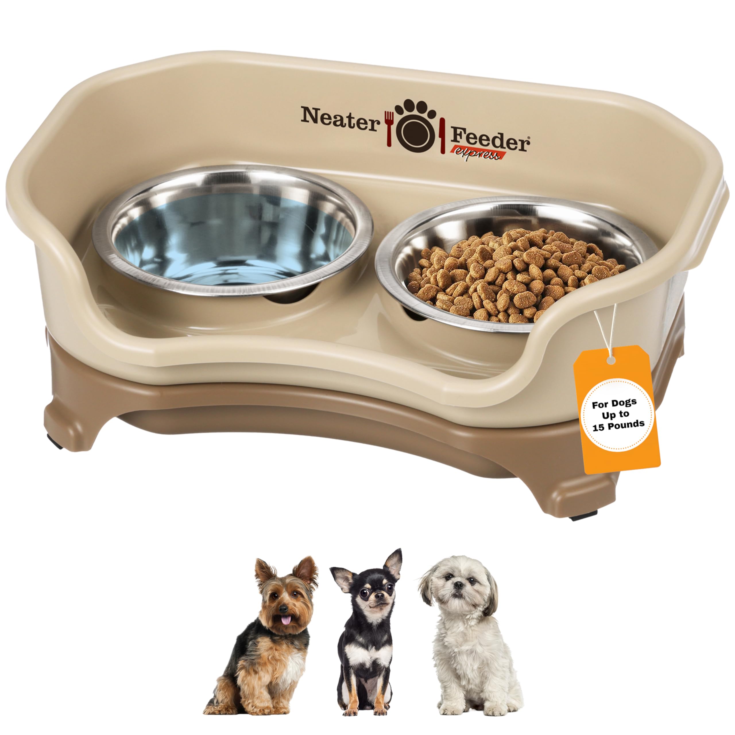 Neater Feeder Express con tazones altos para perro pequeño, favorece postura cómoda al comer.