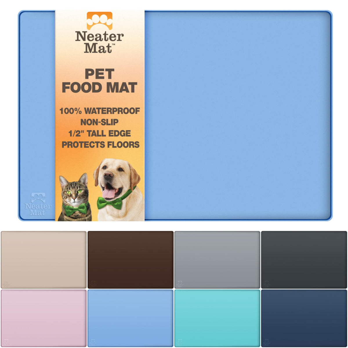 Neater Mat de Neater Pet Brands protege el suelo ante derrames del cuenco azul