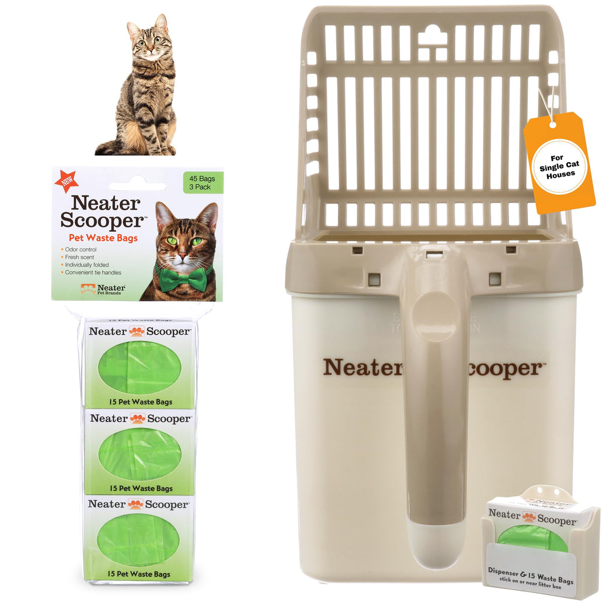 Neater Scooper con dispensador de bolsas para desechar residuos sin ensuciar.