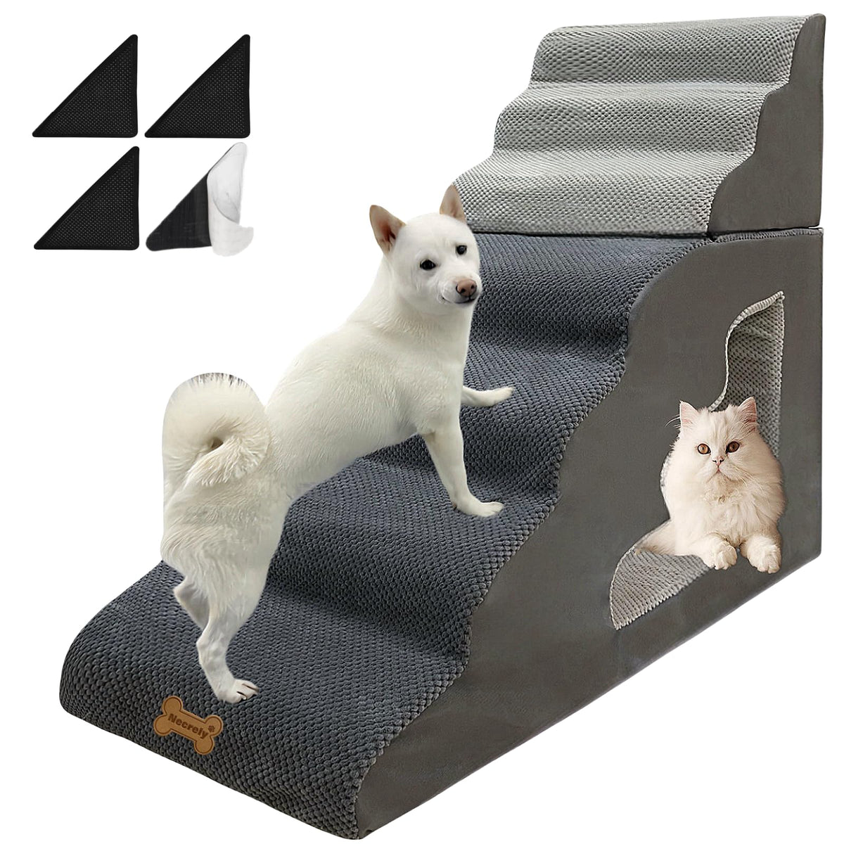 Necrely escalera para perros de tres pasos frente a una cama alta, seguro y cómodo
