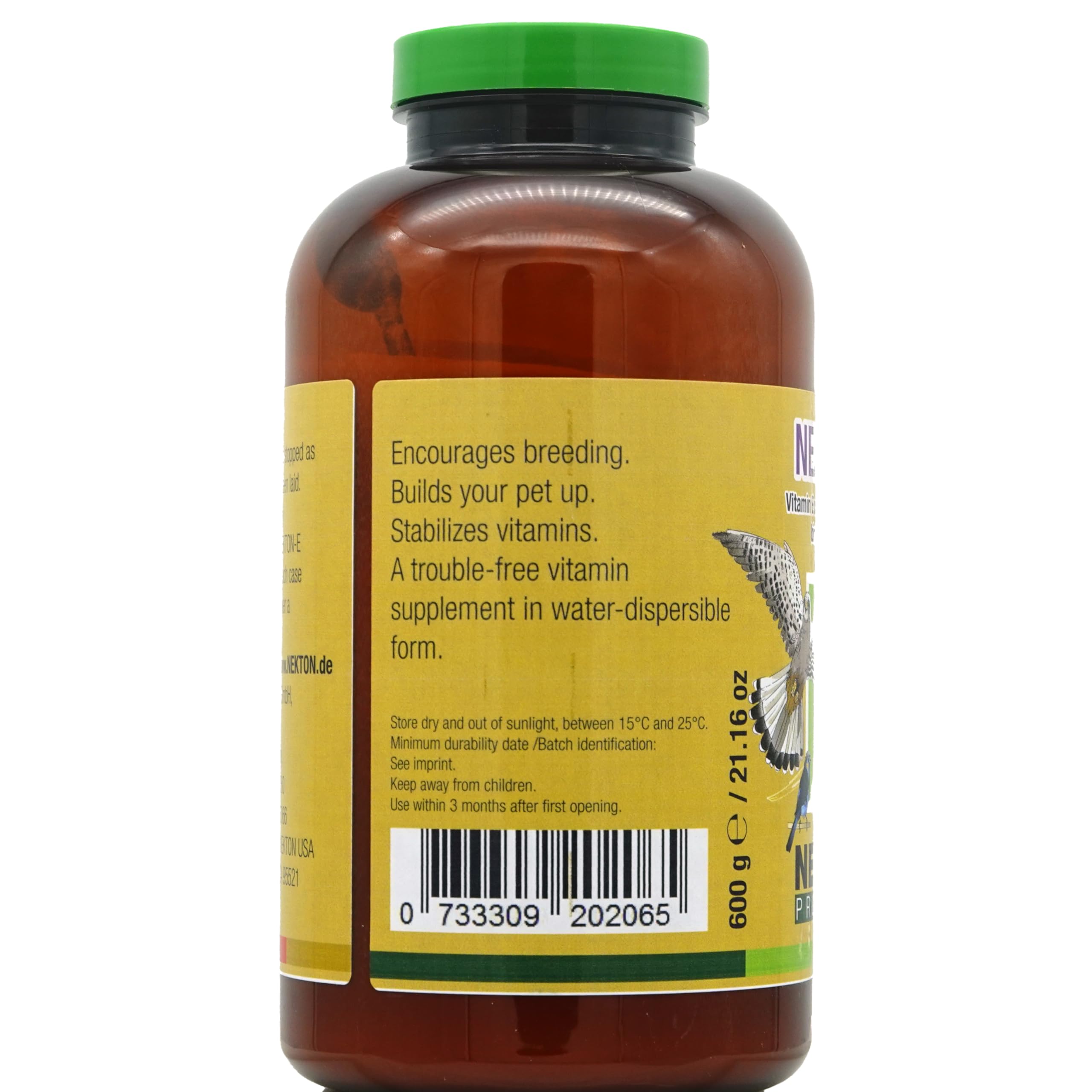 Nekton E: etiqueta del producto, resalta nutrientes clave para cuidado de aves.