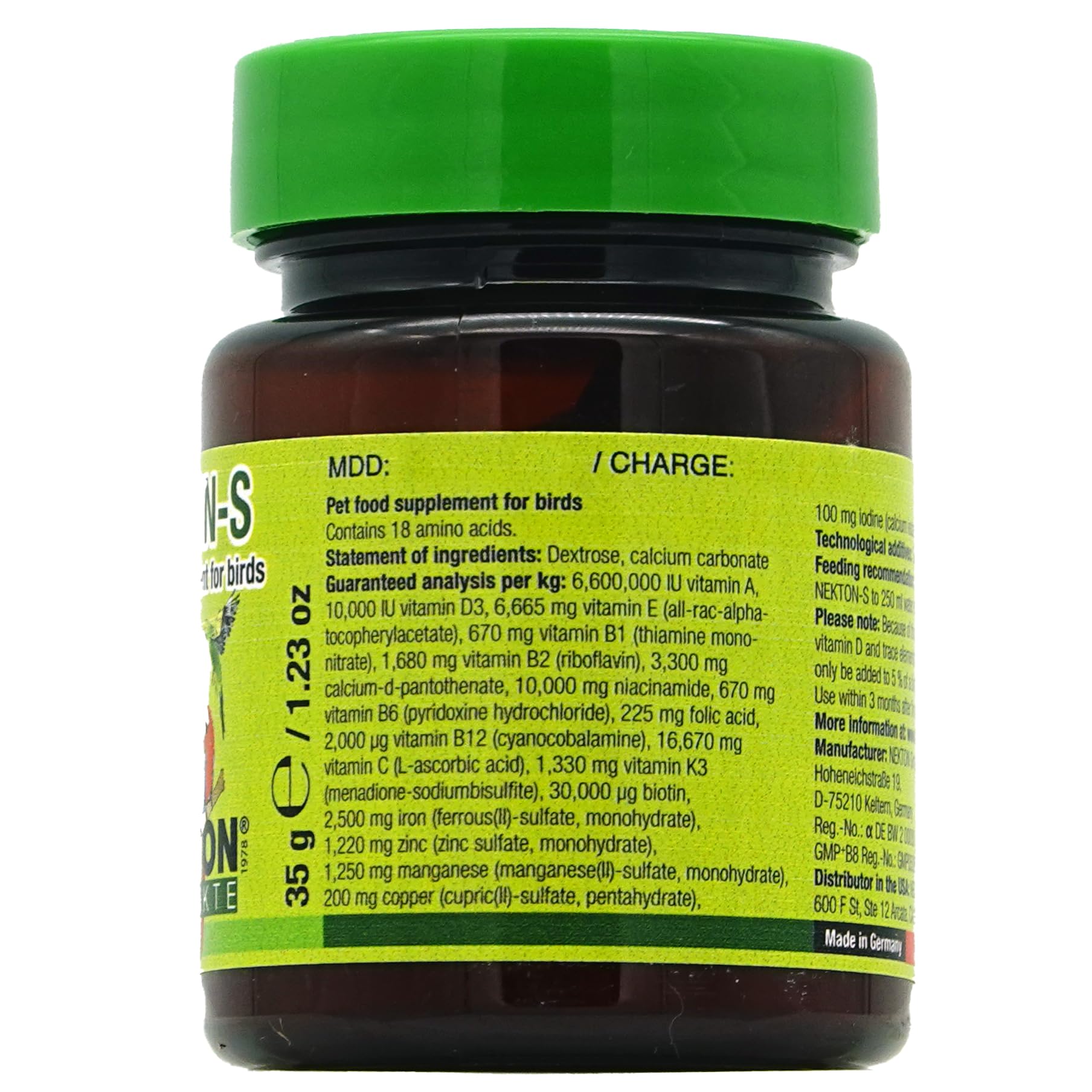 Nekton-S multivitamínico para aves, etiqueta, contiene vitaminas y aminoácidos para nutrición equilibrada