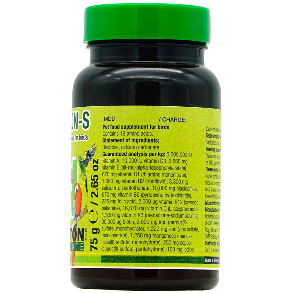 Nekton-S multivitamina para aves, etiqueta detalle: contiene 13 vitaminas y aminoácidos para una dieta equilibrada.