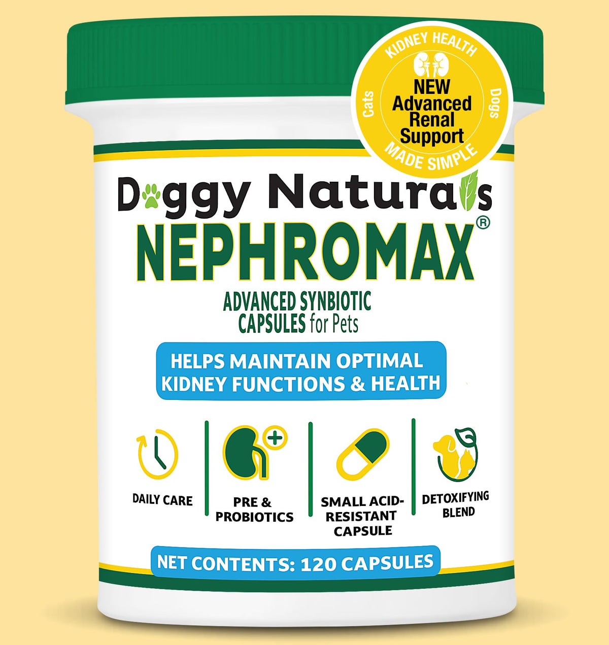 NEPHROMAX cápsulas simbióticas en botella para soporte renal en mascotas.